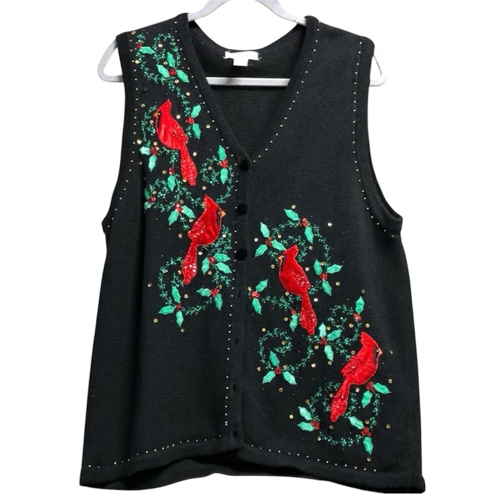 Kim Rogers Festive Black Vest with Red Cardinals Christmas Sweater Vest